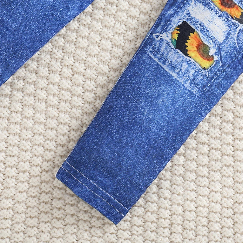 2pcs Girl Sunflower Printed Knitted round Neck Short Sleeved T-shirt Summer Thin Imitation Jeans Slim Fit Long Pants Set