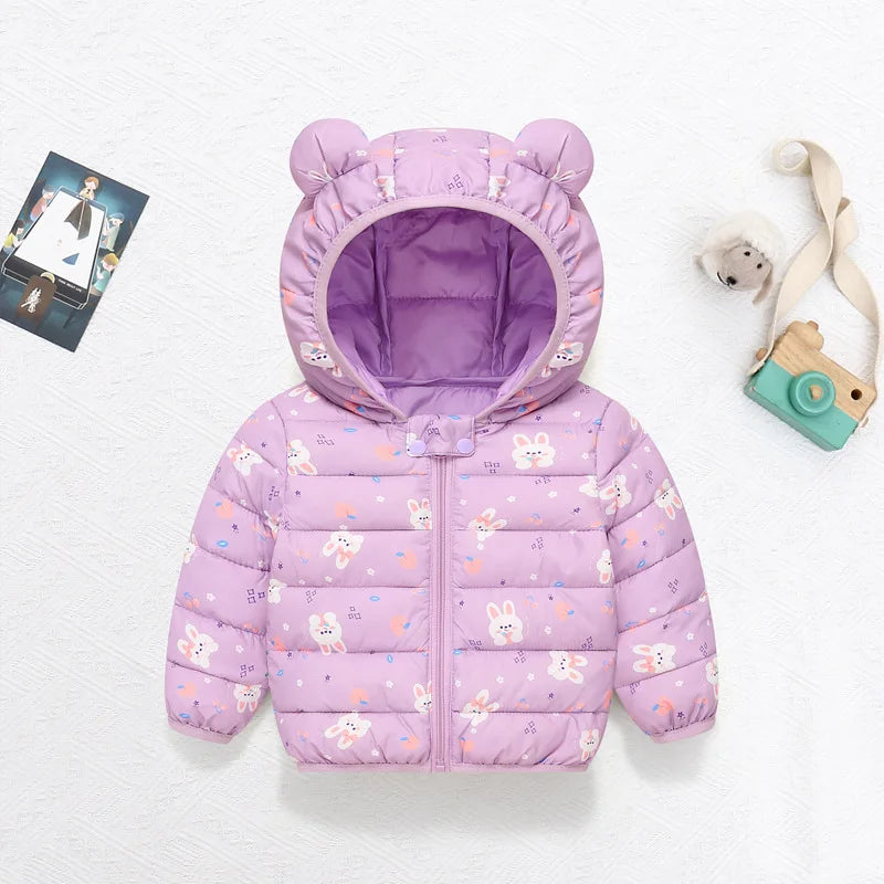 2025 children's autumn winter down cotton jacket cartoon light zipper hooded cotton jacket boys girls warm overcoat infants 0-5Y
