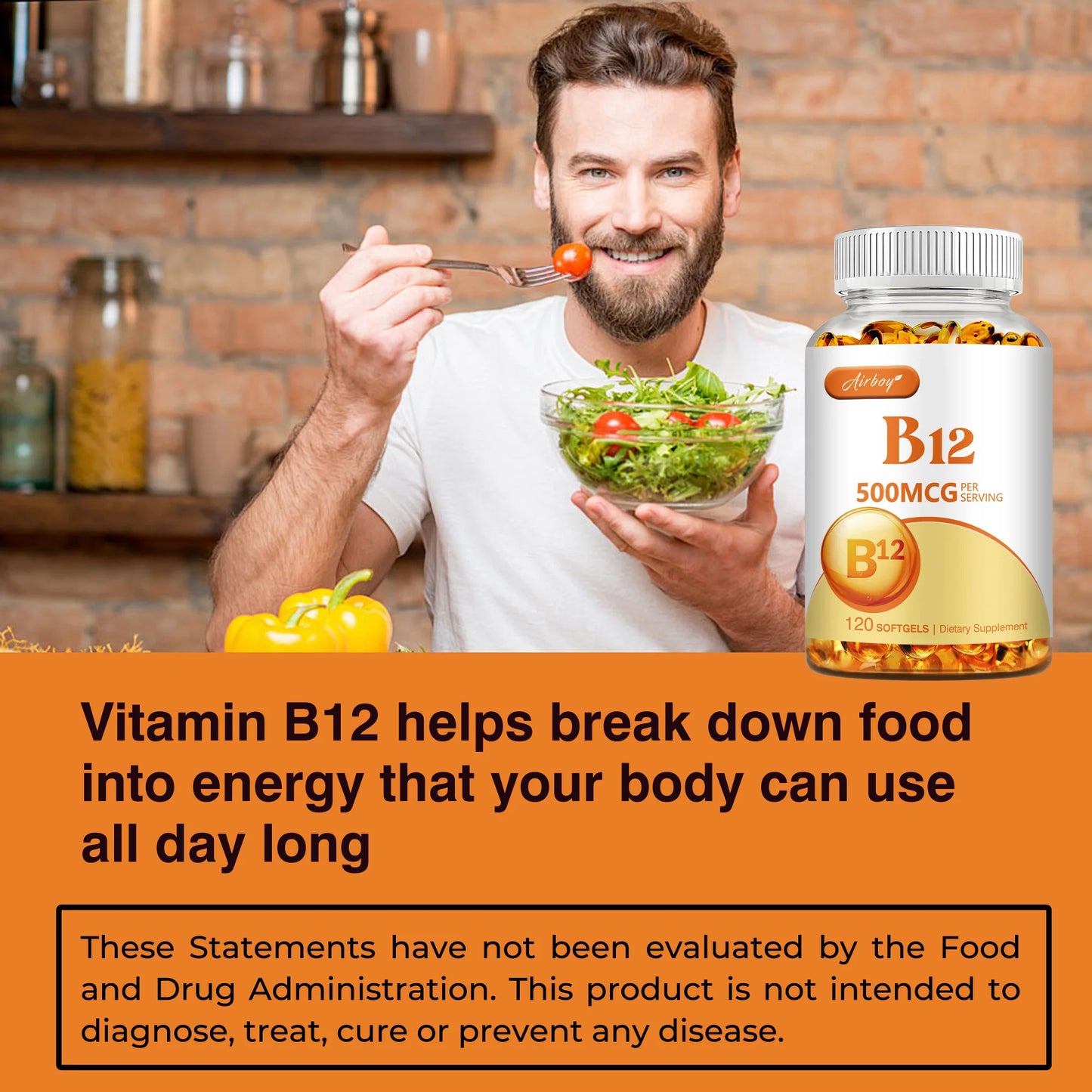 Vitamin B12 500mcg - Energy Metabolism, Support Nervous System, Sleep Health, Improve Mood - 120 Capsules