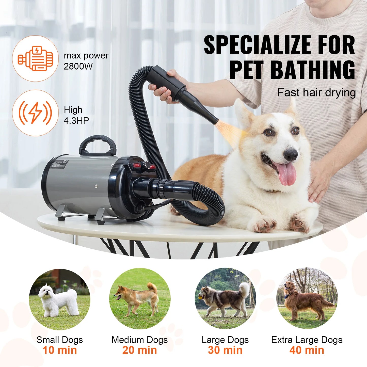SucceBuy 2000W/2.7HP Dog Blow Dryer Adjustable Speed Temperature Control with 4 Nozzle and Extendable Hose for Pet Hair Grooming
