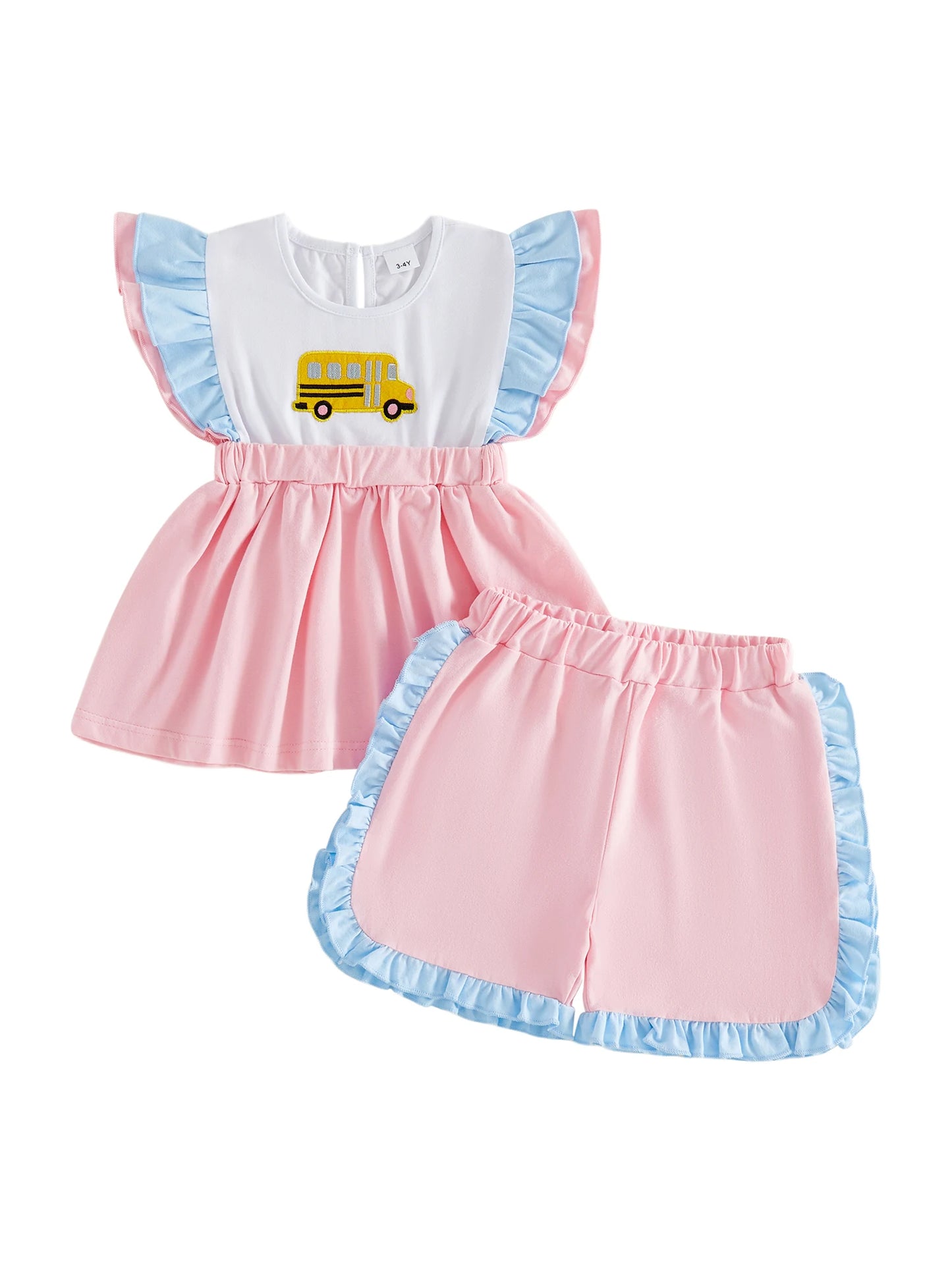 Girls Back To School Outfits School Bus Applique Flutter Sleeve Babydoll Blouse and Ruffled Shorts 2 Piece Summer Set for Kids