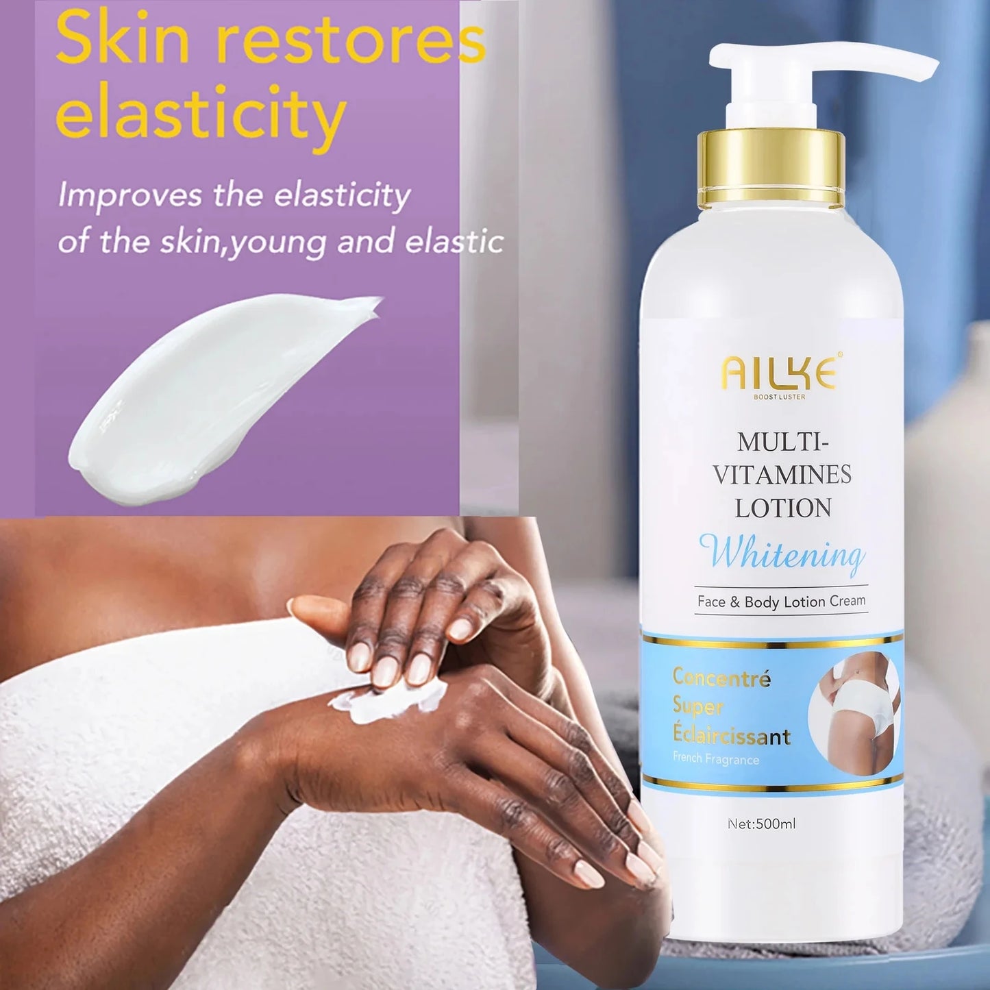 AILKE Multi Vitamin Whitening Body Lotion, With Vitamins A& E, Increase Skin Radiance, Even Skin Tone, Daily Moisturizer Cream