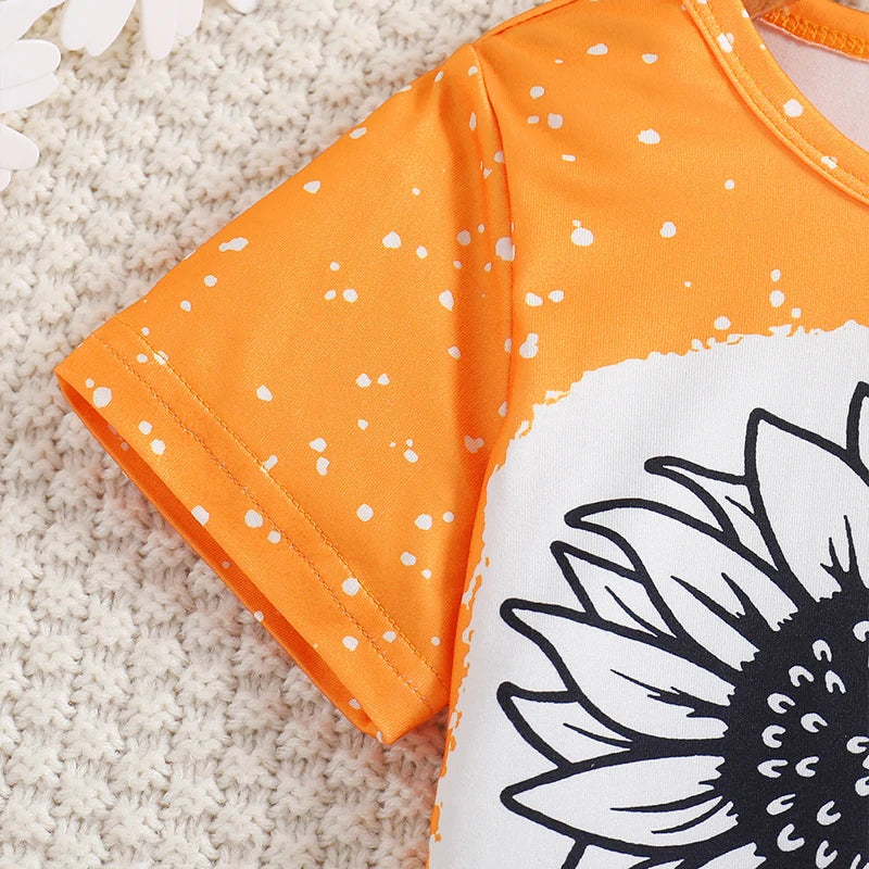 2pcs Girl Sunflower Printed Knitted round Neck Short Sleeved T-shirt Summer Thin Imitation Jeans Slim Fit Long Pants Set