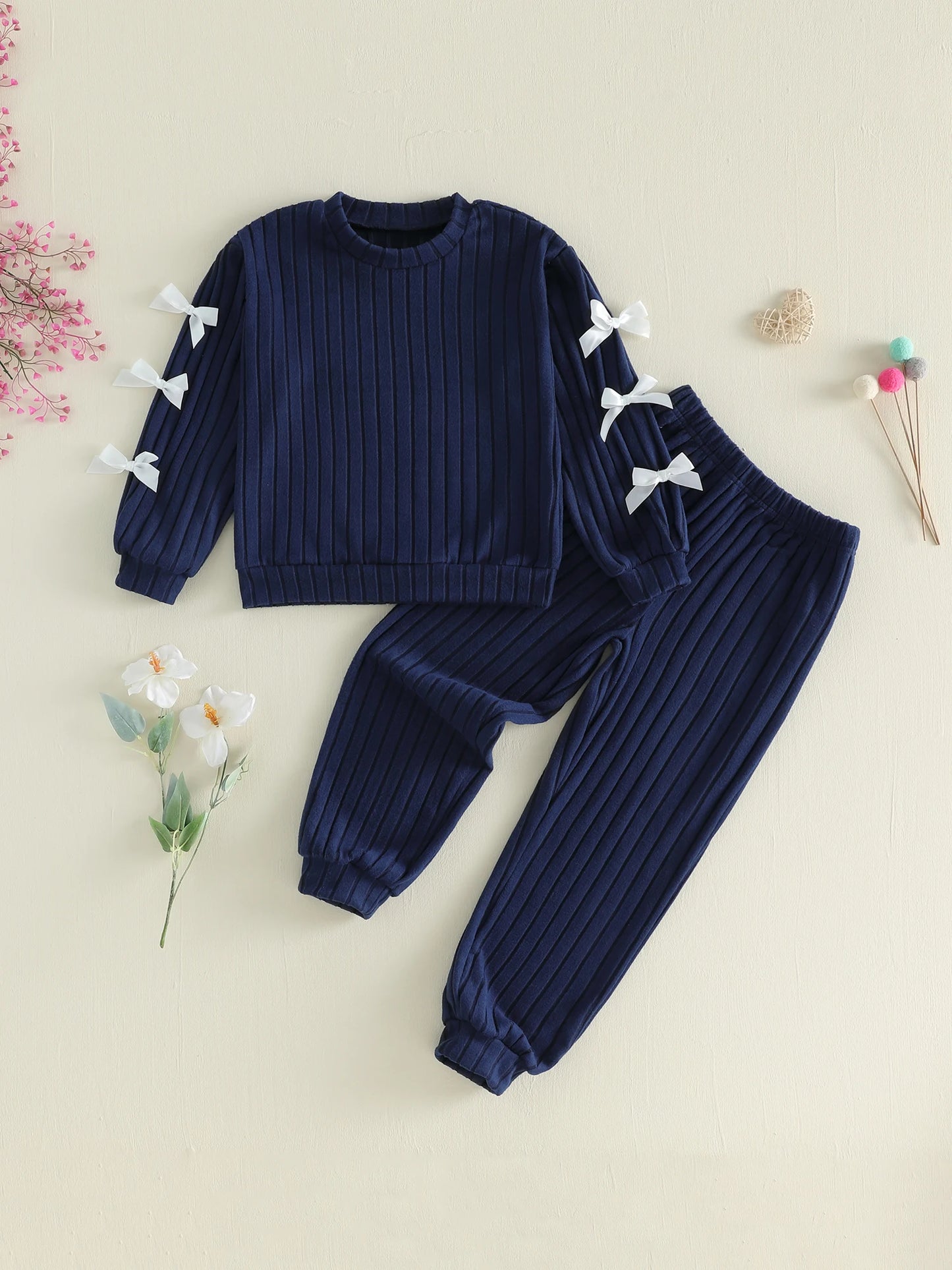 Girls Stylish Outfits with Adorable Bowknot Detailing Featuring Crew Neck Long Sleeve Tops and Elastic Waist Long Pants -