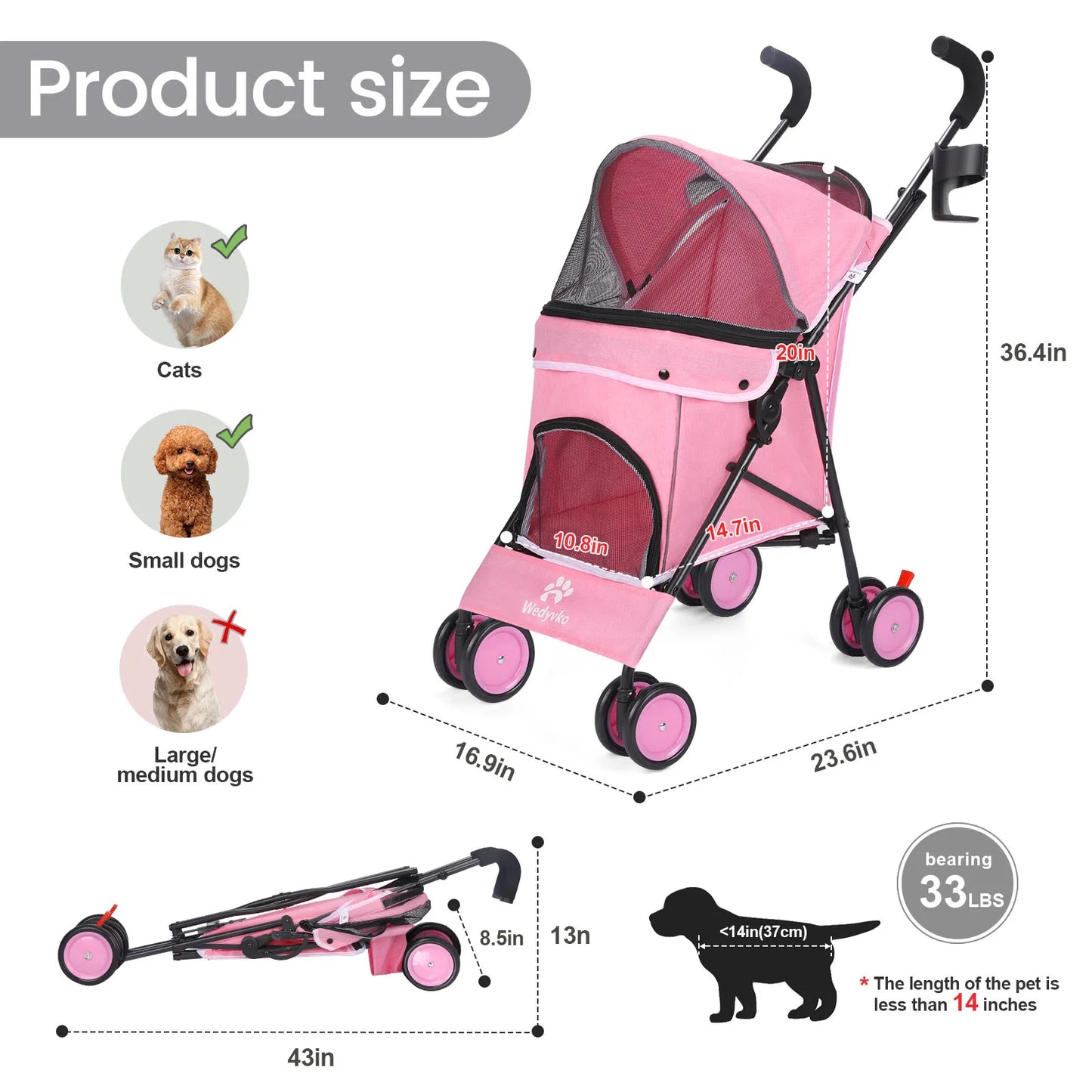 Pet Dog Stroller 4 Wheels Puppy Stroller Rotate with Brakes Storage for Dogs Cats Travel Pet Suplies Outdoor 애완견 유모차