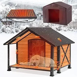 Heated Outdoor Dog House Insulated Weatherproof Wooden Dog Kennel for Winter, Anti-Bite Dog Shelter with Heating Pad and Insulat