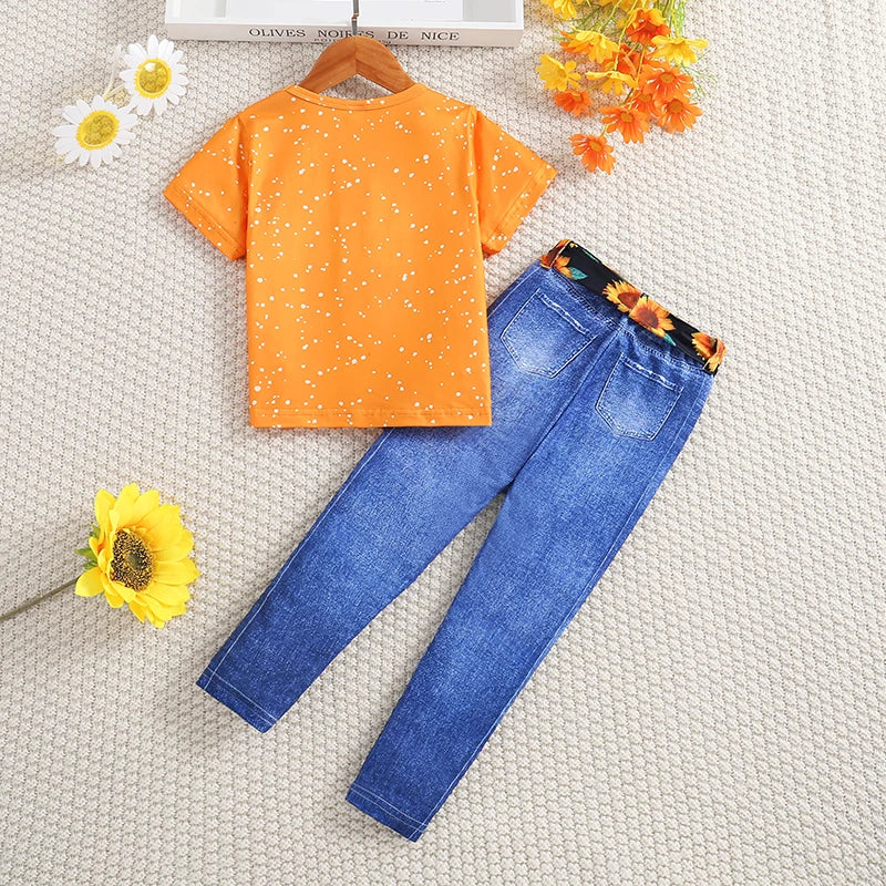 2pcs Girl Sunflower Printed Knitted round Neck Short Sleeved T-shirt Summer Thin Imitation Jeans Slim Fit Long Pants Set