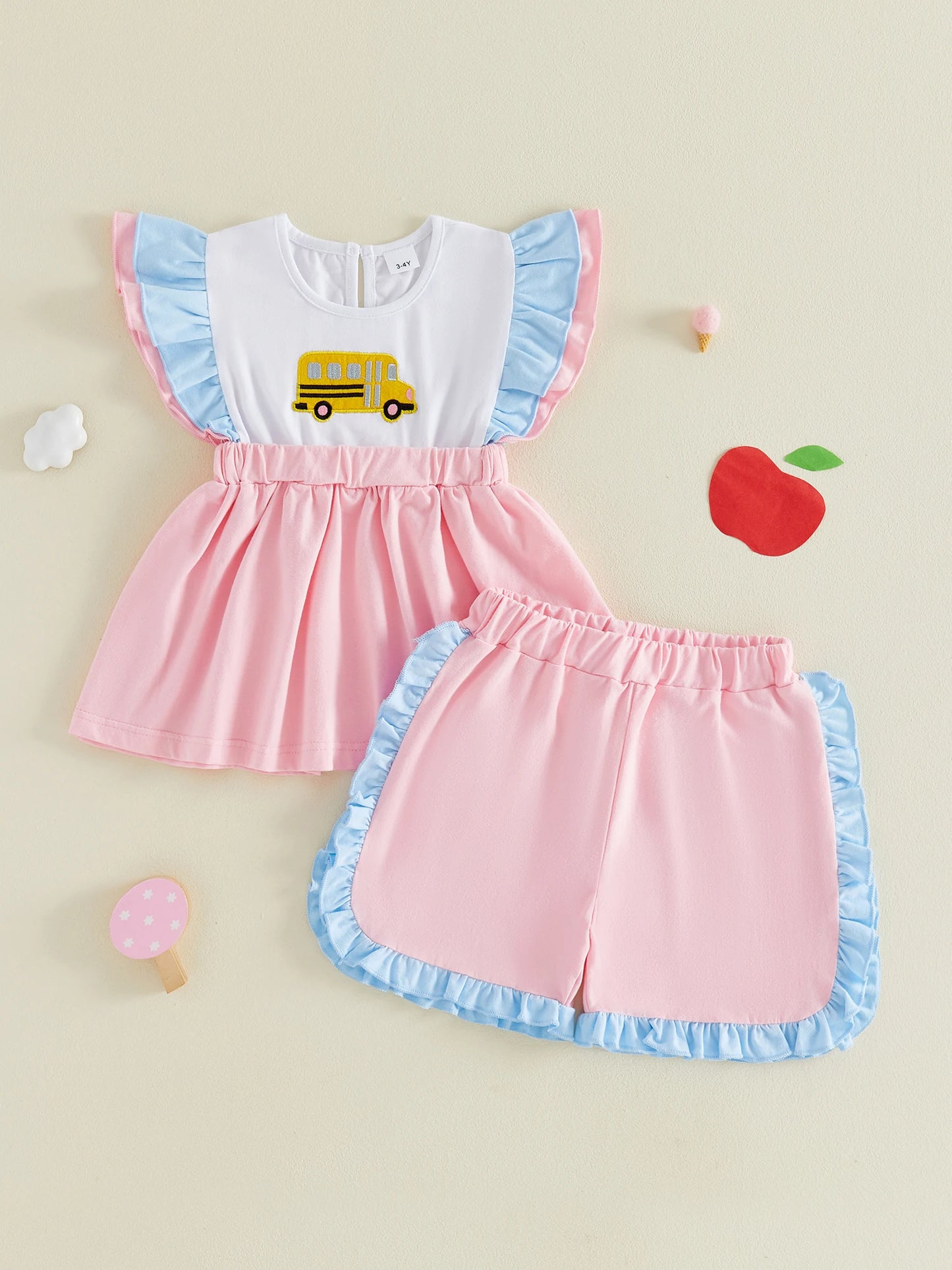 Girls Back To School Outfits School Bus Applique Flutter Sleeve Babydoll Blouse and Ruffled Shorts 2 Piece Summer Set for Kids