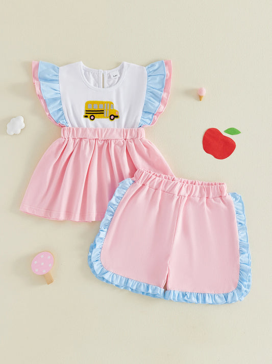 Girls Back To School Outfits School Bus Applique Flutter Sleeve Babydoll Blouse and Ruffled Shorts 2 Piece Summer Set for Kids