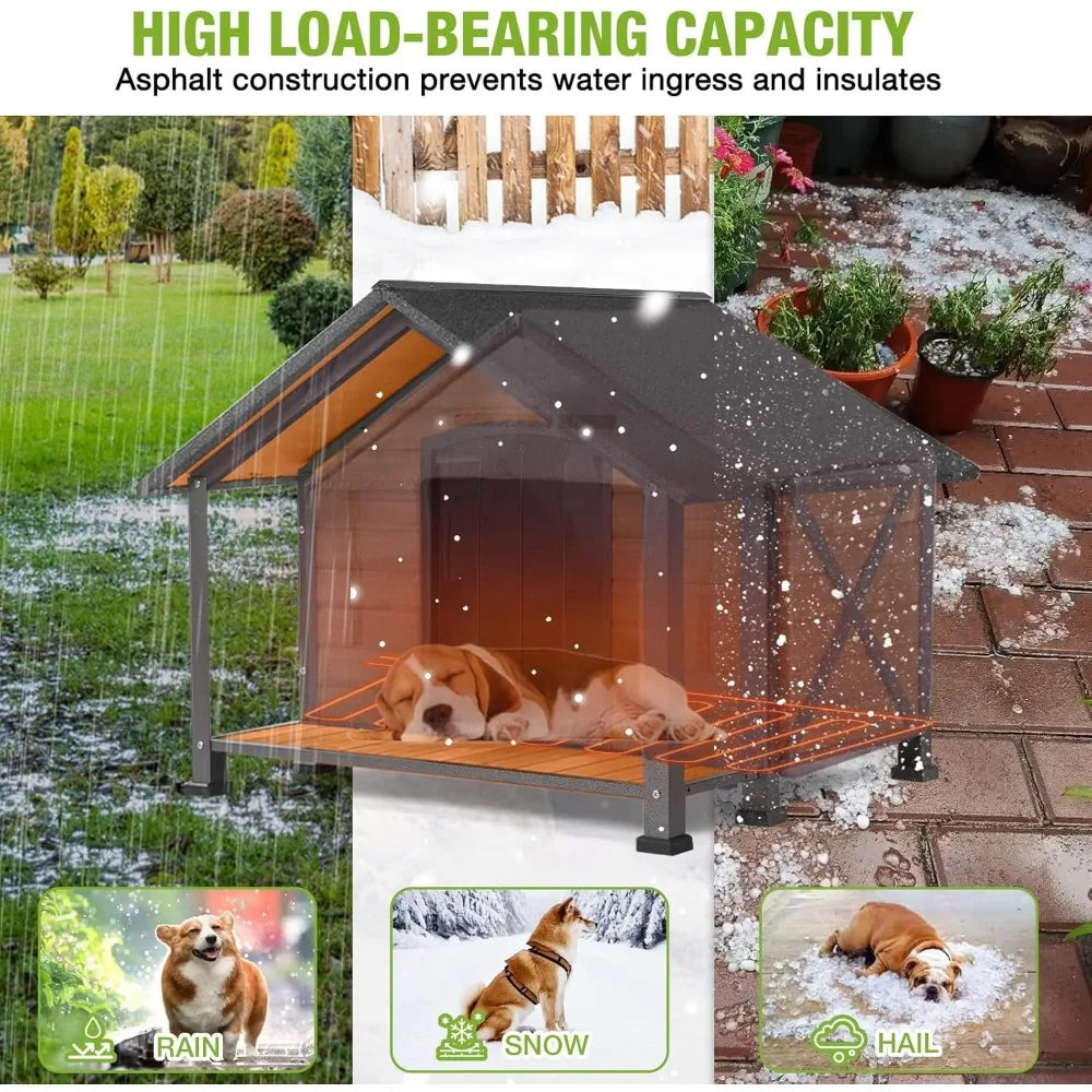 Heated Outdoor Dog House Insulated Weatherproof Wooden Dog Kennel for Winter, Anti-Bite Dog Shelter with Heating Pad and Insulat