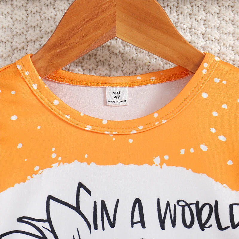 2pcs Girl Sunflower Printed Knitted round Neck Short Sleeved T-shirt Summer Thin Imitation Jeans Slim Fit Long Pants Set
