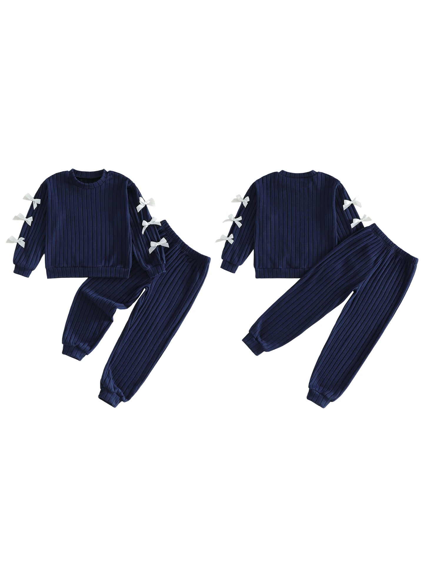 Girls Stylish Outfits with Adorable Bowknot Detailing Featuring Crew Neck Long Sleeve Tops and Elastic Waist Long Pants -