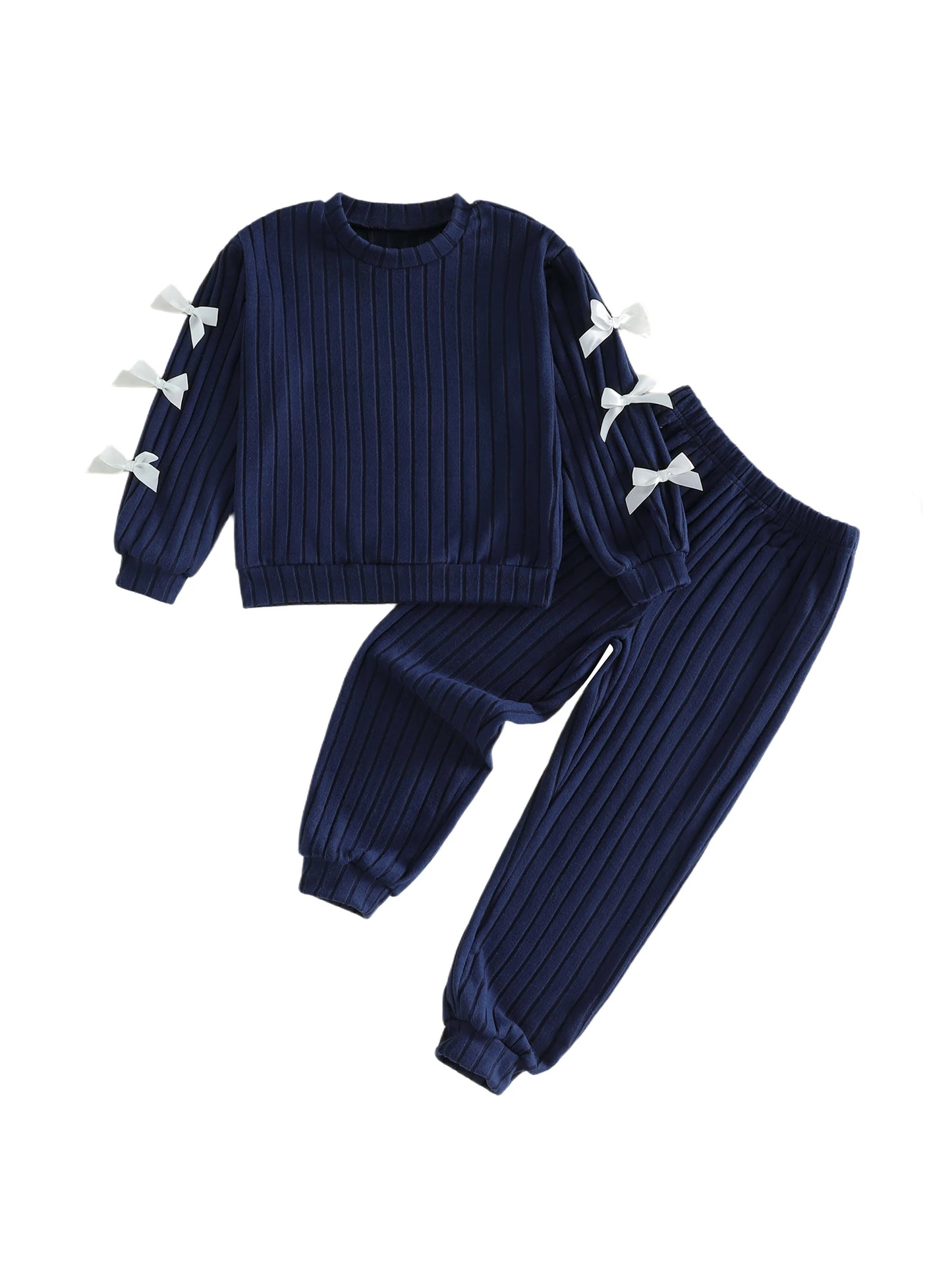 Girls Stylish Outfits with Adorable Bowknot Detailing Featuring Crew Neck Long Sleeve Tops and Elastic Waist Long Pants -