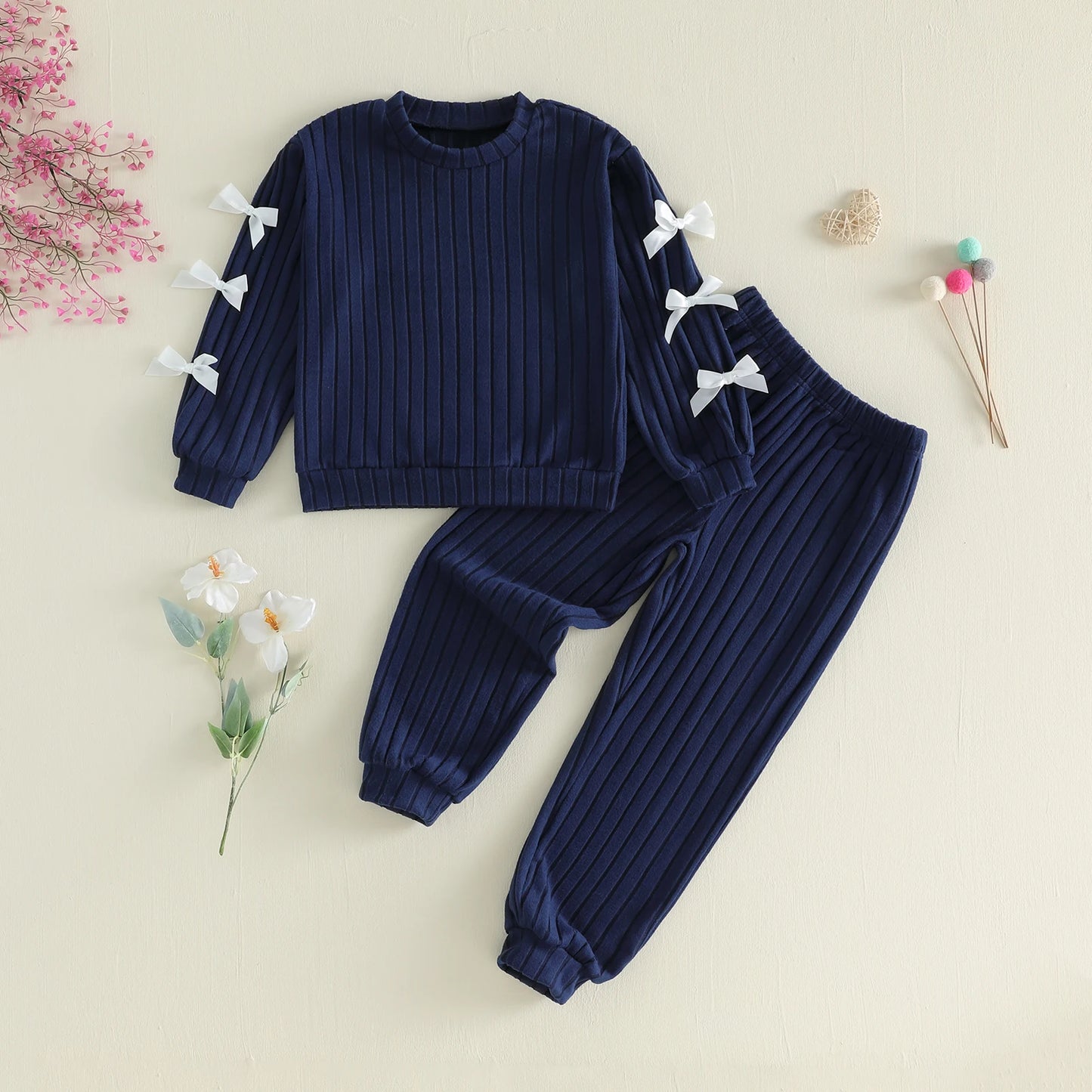 Girls Stylish Outfits with Adorable Bowknot Detailing Featuring Crew Neck Long Sleeve Tops and Elastic Waist Long Pants -
