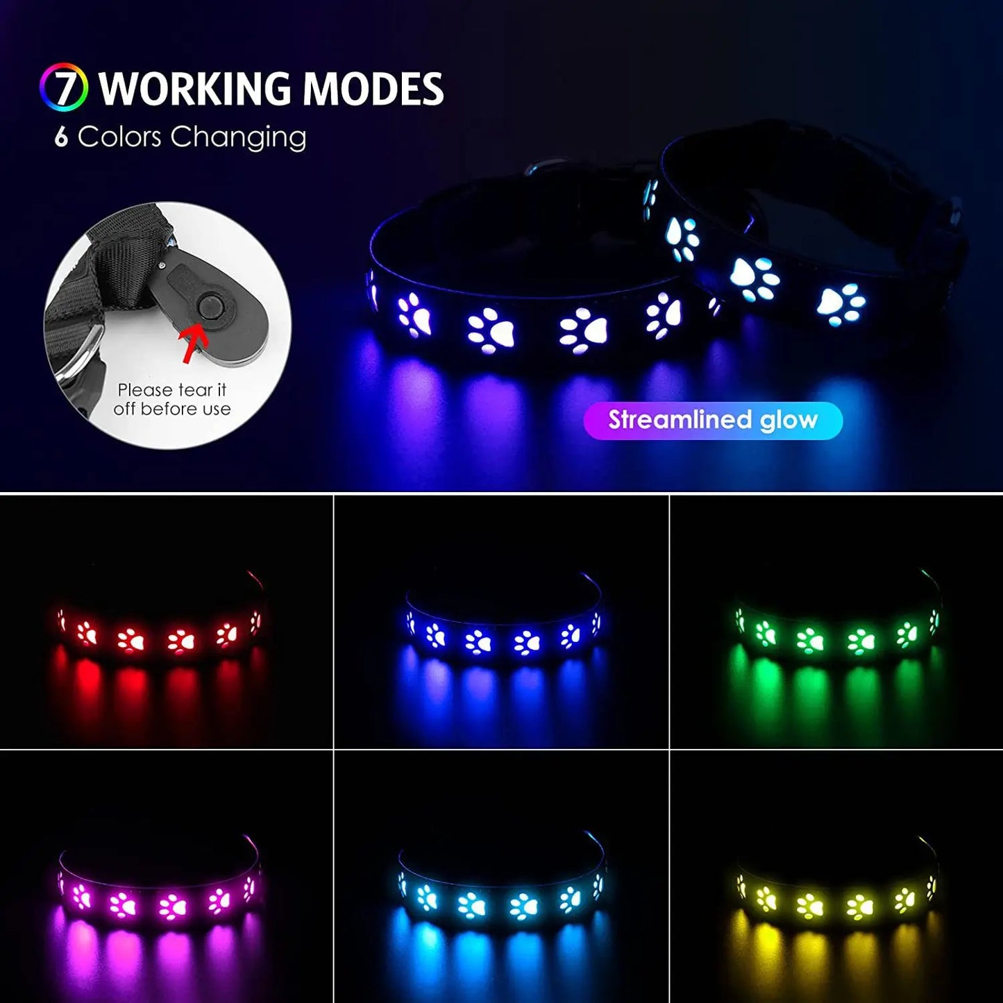Rechargeable LED Dog Collar Rainproof Nylon USB-C Luminous Dog Necklace 3 color 6 modes Light Up Pet Collars for Dogs