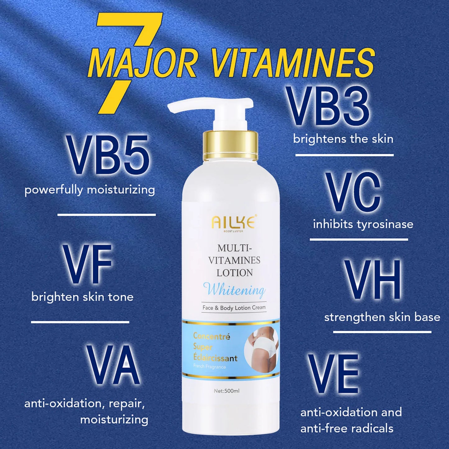 AILKE Multi Vitamin Whitening Body Lotion, With Vitamins A& E, Increase Skin Radiance, Even Skin Tone, Daily Moisturizer Cream