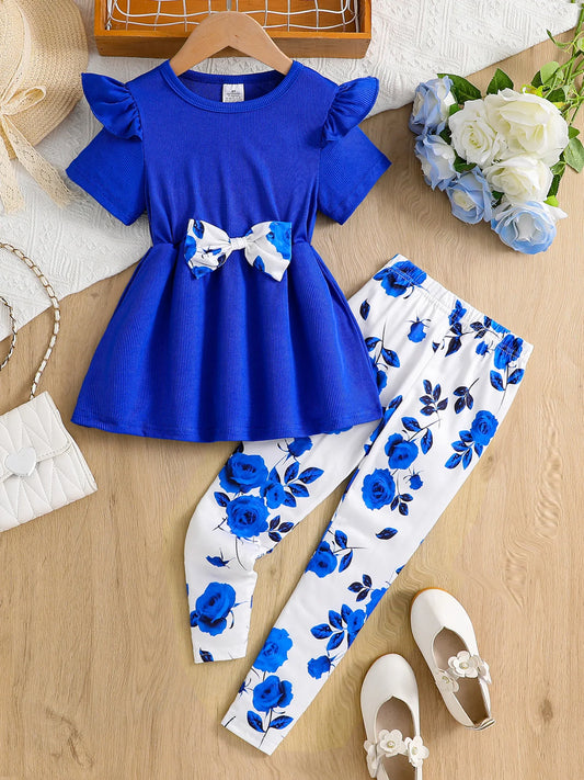 New Arrival Summer Girls Knitted Round Neck Flying Sleeve Tops + Rose Printed Casual Trousers Set 2Pcs
