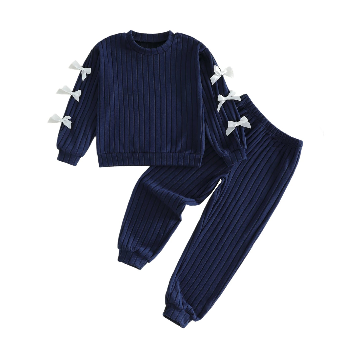 Girls Stylish Outfits with Adorable Bowknot Detailing Featuring Crew Neck Long Sleeve Tops and Elastic Waist Long Pants -