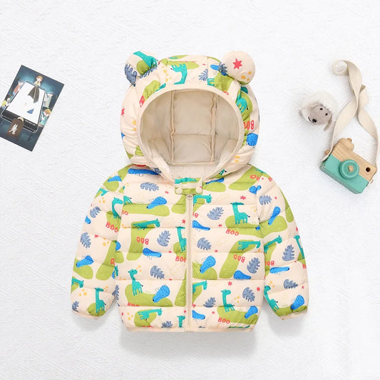 2025 children's autumn winter down cotton jacket cartoon light zipper hooded cotton jacket boys girls warm overcoat infants 0-5Y