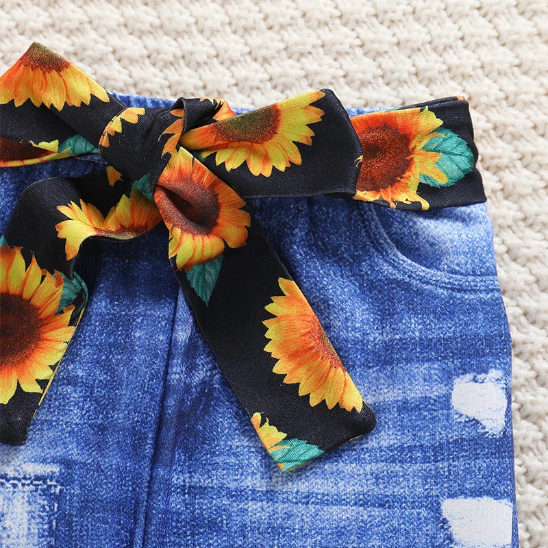 2pcs Girl Sunflower Printed Knitted round Neck Short Sleeved T-shirt Summer Thin Imitation Jeans Slim Fit Long Pants Set