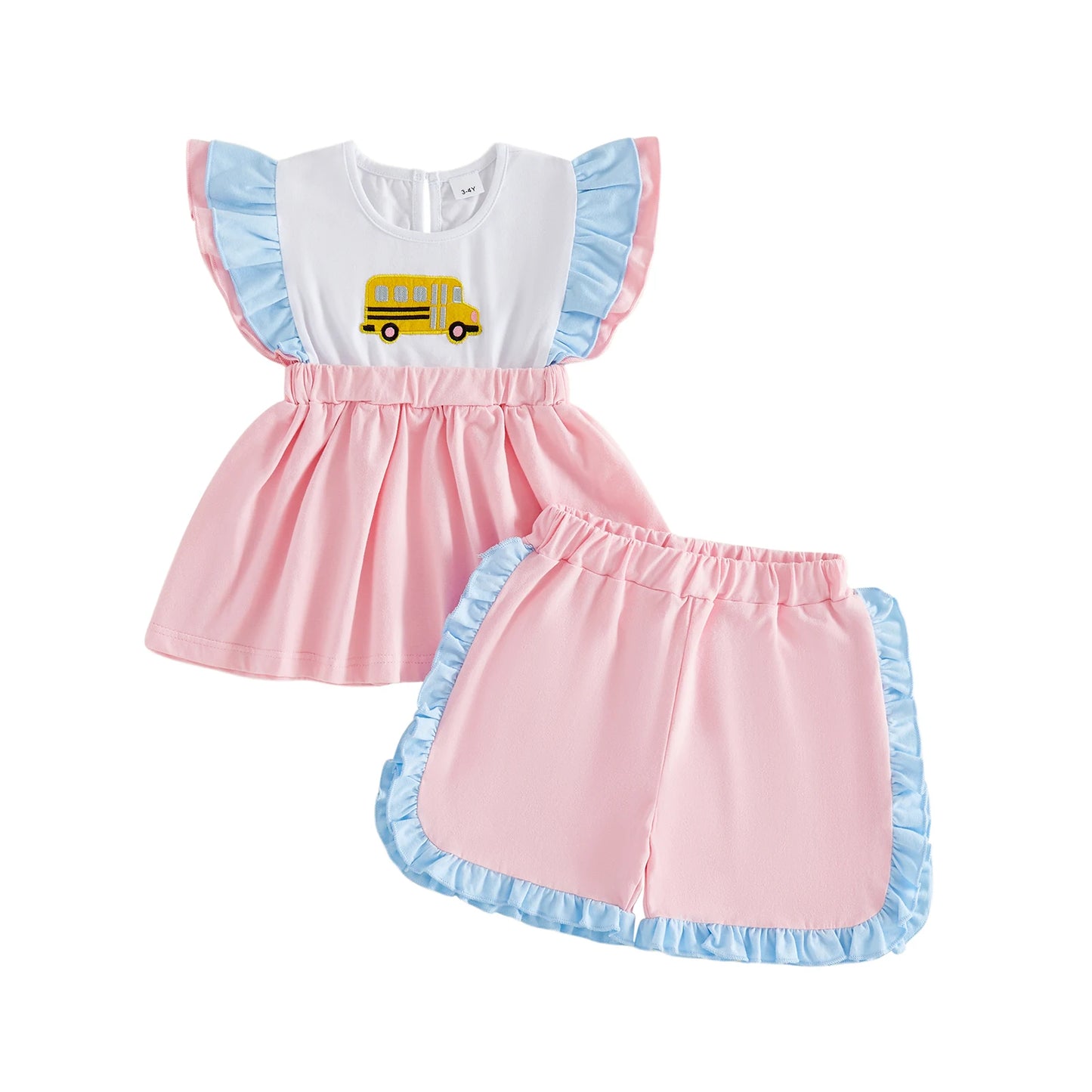 Girls Back To School Outfits School Bus Applique Flutter Sleeve Babydoll Blouse and Ruffled Shorts 2 Piece Summer Set for Kids