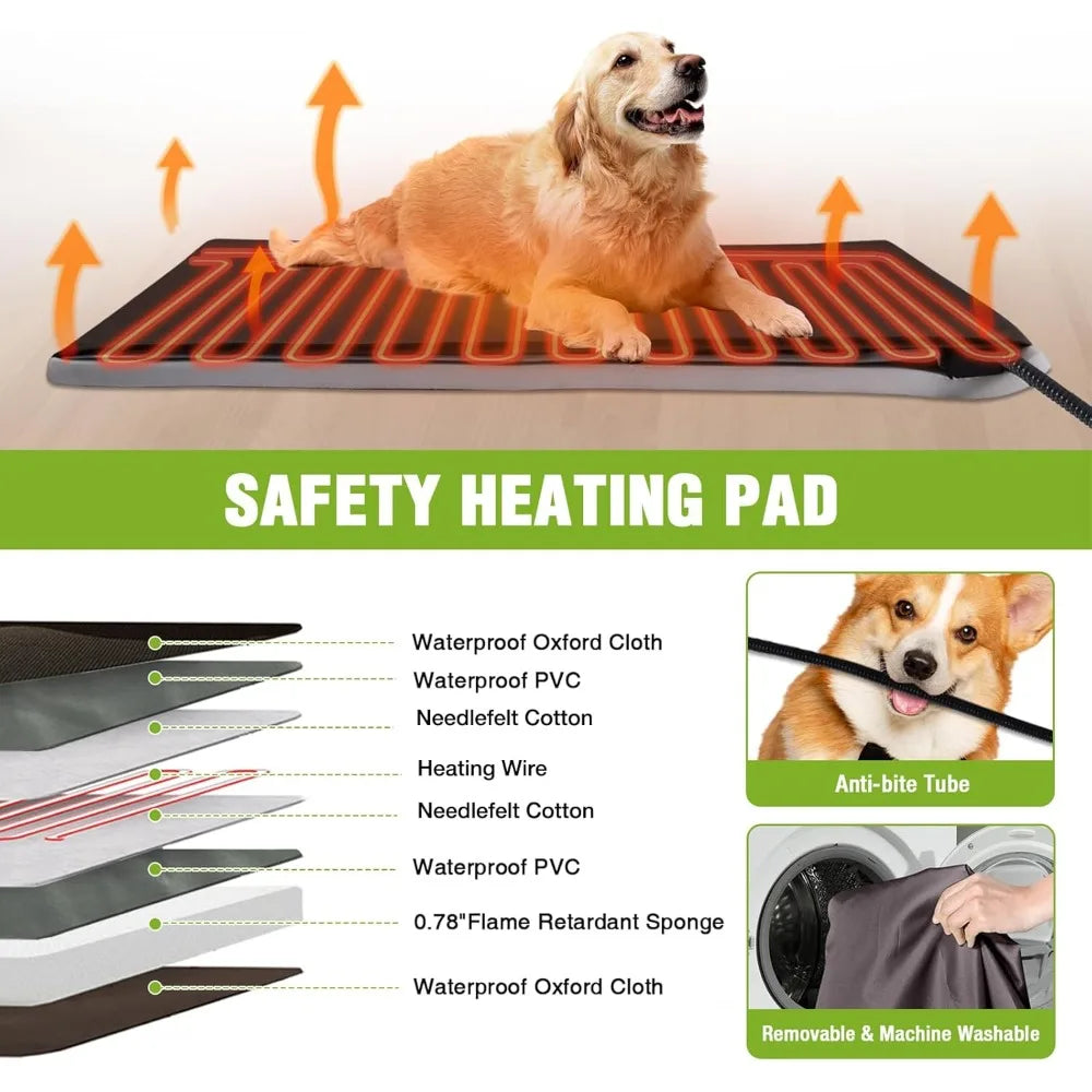 Heated Outdoor Dog House Insulated Weatherproof Wooden Dog Kennel for Winter, Anti-Bite Dog Shelter with Heating Pad and Insulat