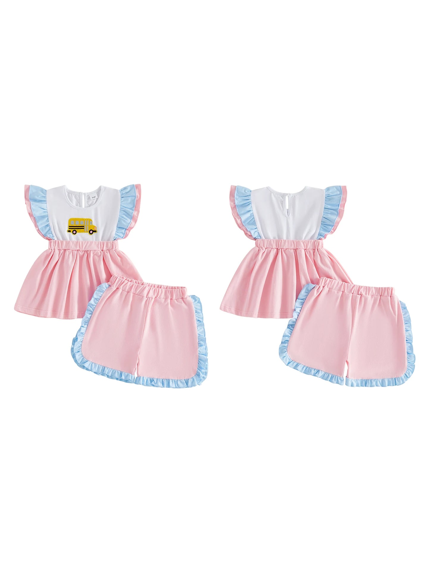 Girls Back To School Outfits School Bus Applique Flutter Sleeve Babydoll Blouse and Ruffled Shorts 2 Piece Summer Set for Kids