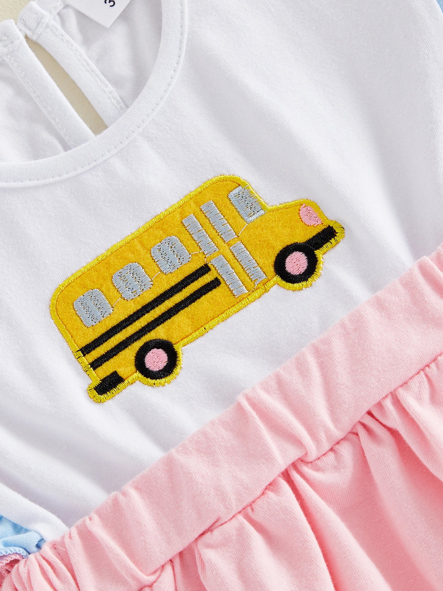 Girls Back To School Outfits School Bus Applique Flutter Sleeve Babydoll Blouse and Ruffled Shorts 2 Piece Summer Set for Kids