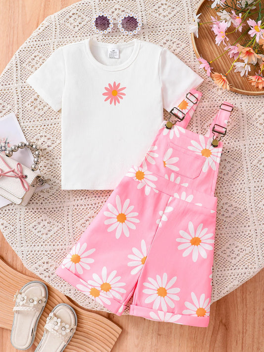 Summer Casual White T-Shirt for Girls with Daisy Print Suspenders Short Sleeve Fashion Comfortable Kids Set
