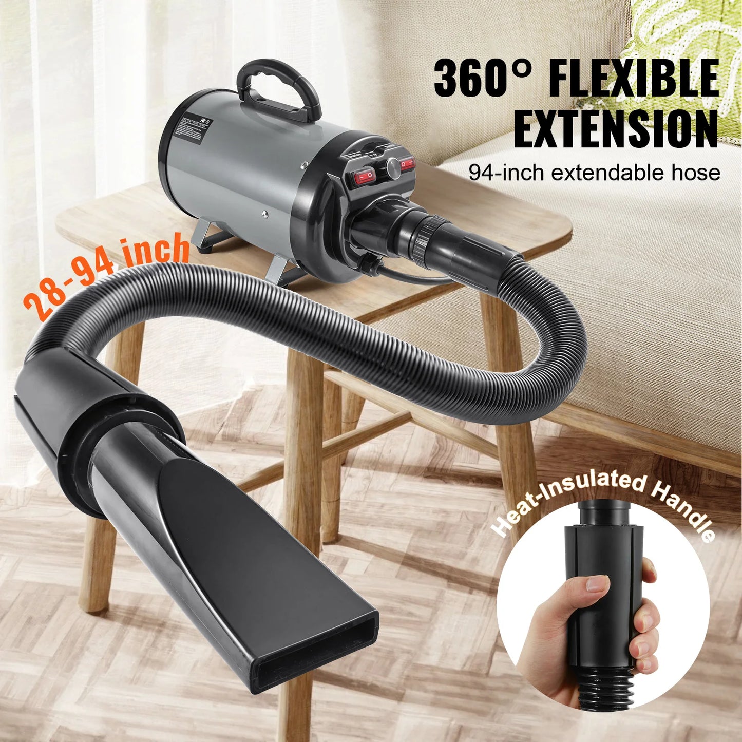 SucceBuy 2000W/2.7HP Dog Blow Dryer Adjustable Speed Temperature Control with 4 Nozzle and Extendable Hose for Pet Hair Grooming