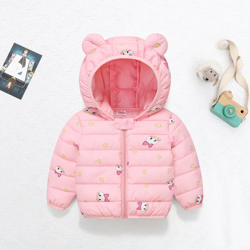 2025 children's autumn winter down cotton jacket cartoon light zipper hooded cotton jacket boys girls warm overcoat infants 0-5Y