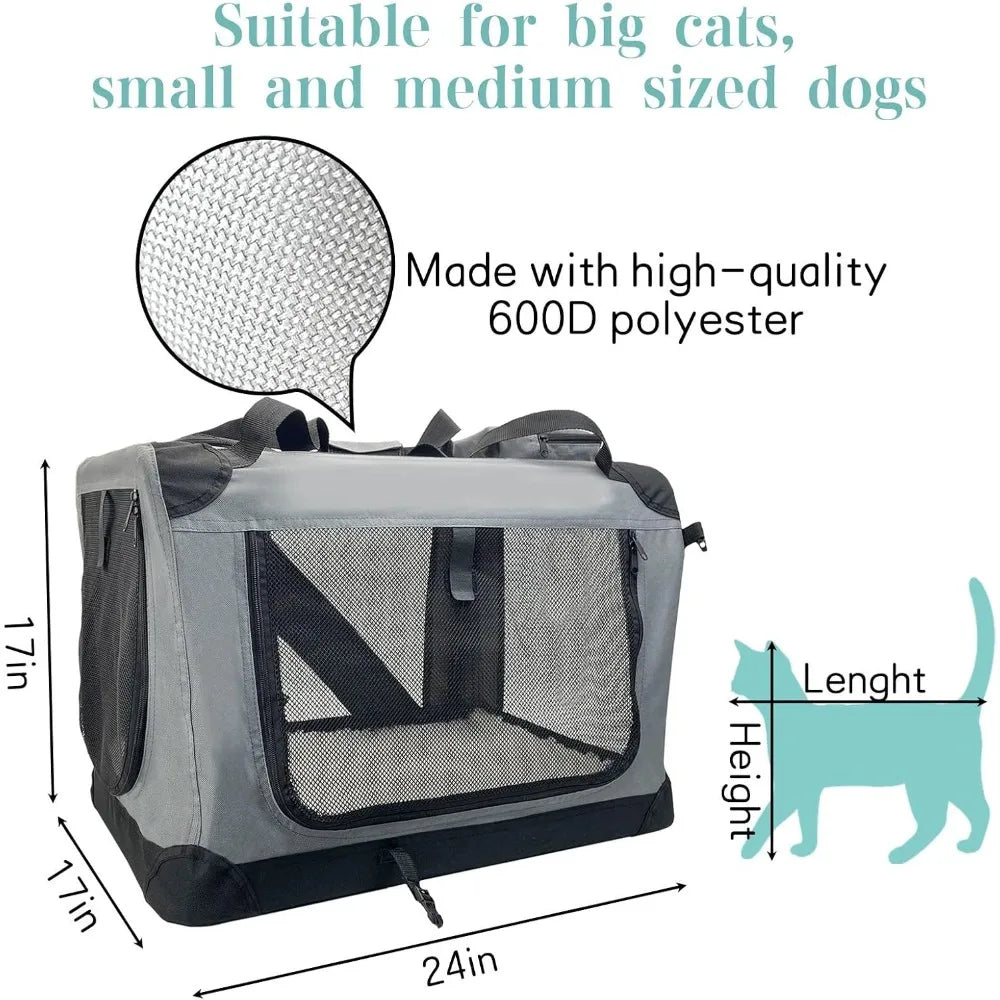 Large Cat Carrier for 2 Cats, 24x17x17 Soft Dog Crate Collapsible Portable Travel Pet Carrier Bag Durable Breathable Foldable