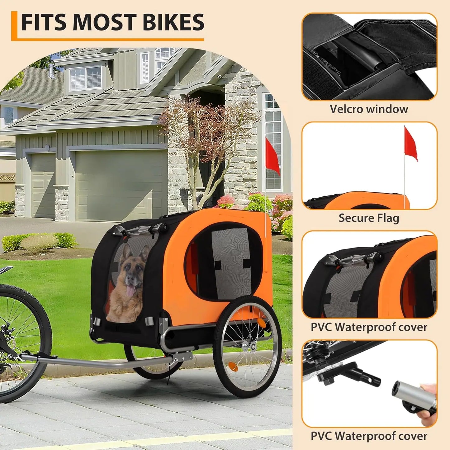 Large Dog Bike Trailer 88Lbs Capacity Pet Bicycle Carrier Foldable Oxford Fabric Universal Coupler with Quick Release Wheels